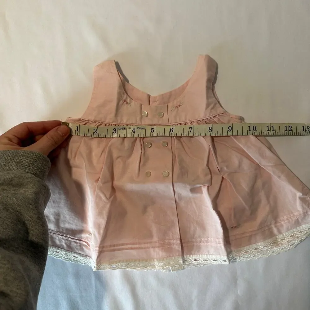Vintage Pink Floral Embroidered Eyelit Trim Sleeveless Babydoll Dress Sz 0-3 mo